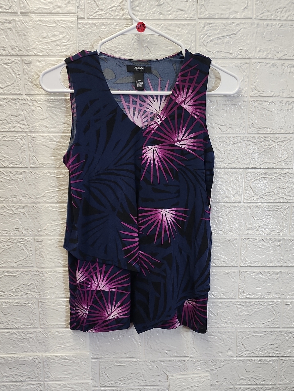 Alfani Navy Layered Palm-Print Sleeveless Top with Pink Accents